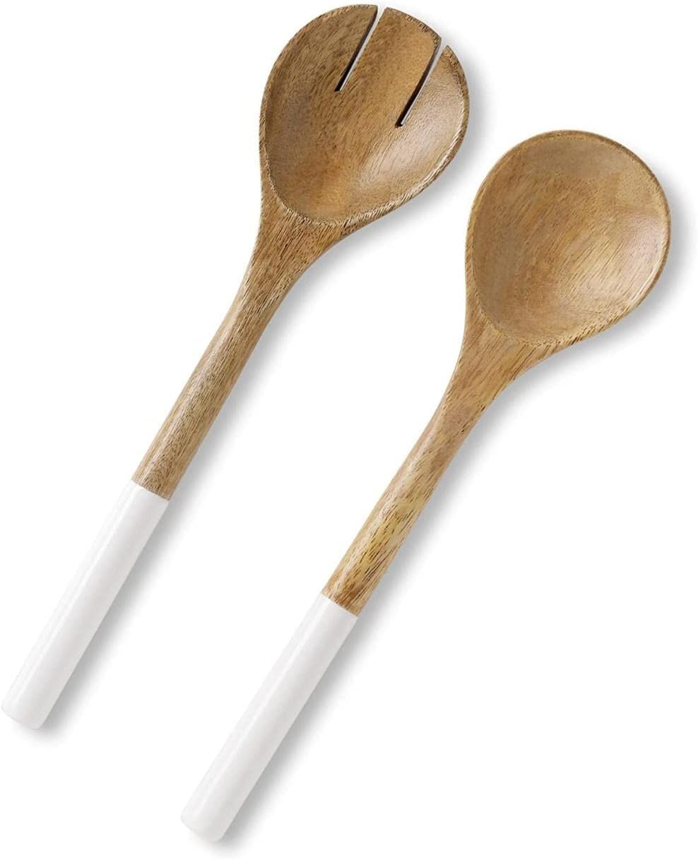 Folkulture Salad Servers or Salad Tongs, Wooden Utensils for Serving Salad, 12-inch Spoon and Fork Set, Mango Wood, White
