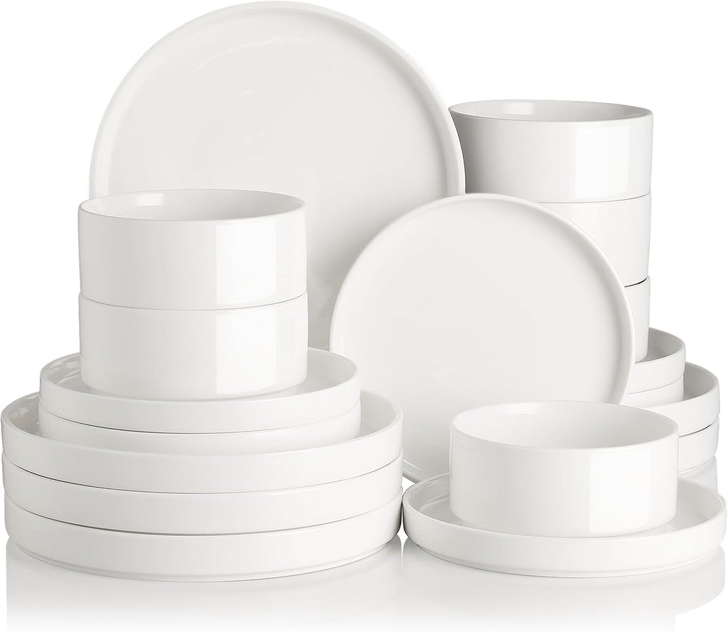 Sweejar Porcelain Dinnerware Sets for 6, 18 Pieces Ceramic Plates and Bowls Set, Classic Modern Simple Kitchen Dinner Dining Ware Set, Dishwasher and Microwave Safe Dishes Sets(Pure White)