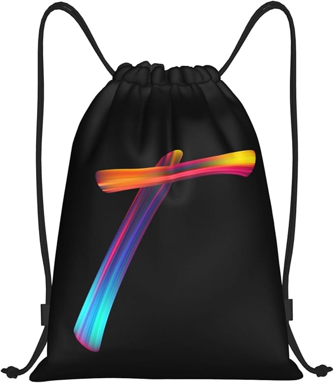 Drawstring Bags Initial Drawstring Backpack Sackpack Black Draw String Cinch Bags for Sports, Gym, Travel, Swimming, Beach, Camping, Rainbow Letter T