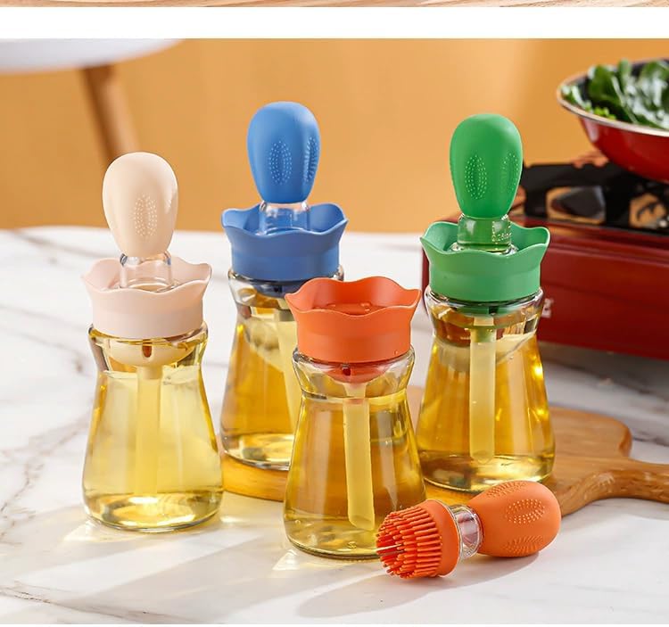 Oil Dispenser with Brush-2 Pack 7oz/200ML 2 IN 1 Glass Cooking Oil Dispenser Bottle with Silicone Basting Brush for Kitchen, Oil Storage and Container for Cooking BBQ, Sauce, Frying - Cream White