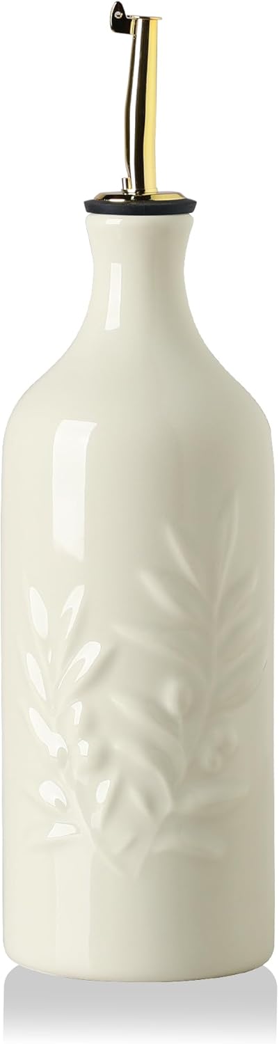 Sweejar Ceramic Olive Oil Dispenser Bottle 20 Oz Relief Opaque Oil Cruet Protects To Reduce Oxidation Suitable for Storage Vinegar, Soy Sauce, Coffee Syrup, Liquids, Set of 1 (Beige Gold Spout)