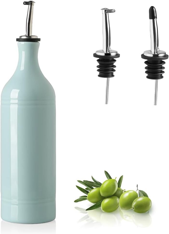 Sweejar Large Ceramic Olive Oil Dispenser Bottle, Opaque Oil Cruet Protects to Reduce Oxidation, Suitable For Storage Of Vinegar, Soy Sauce & Other Liquids, Pack of 1, 24 Fl Oz (Light Blue)