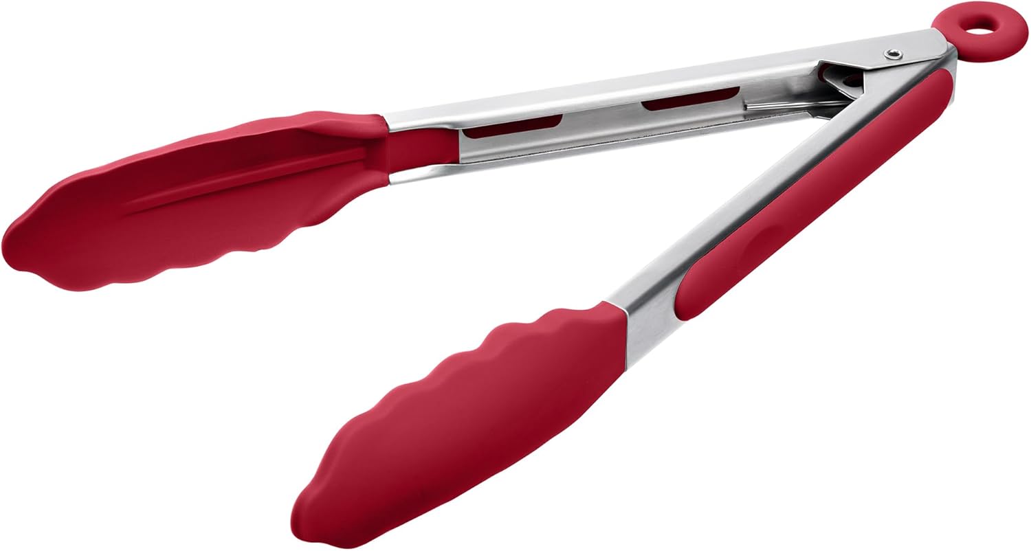 Doosu Kitchen Tongs for Cooking - 600°F Heat Resistant Food Tong with Non-Scratch Silicone Tips, Heavy Duty Stainless Steel Locking Tong for BBQ, Grilling Steak, Serving Salad, Pasta (9in, Red)