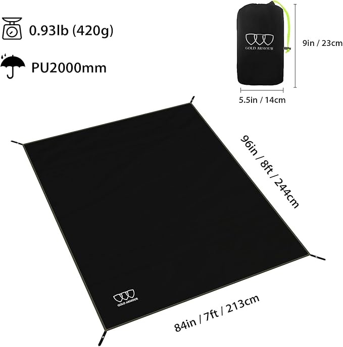 Gold Armour Tent Footprint, Camping Tarp Waterproof Ultralight - 84x60in | 84x84in | 84x96in | 82x106in | 120x108in | 120x120in | 120x144in Floor and Ground Tarps for Camping Hiking (Black 84x96in)