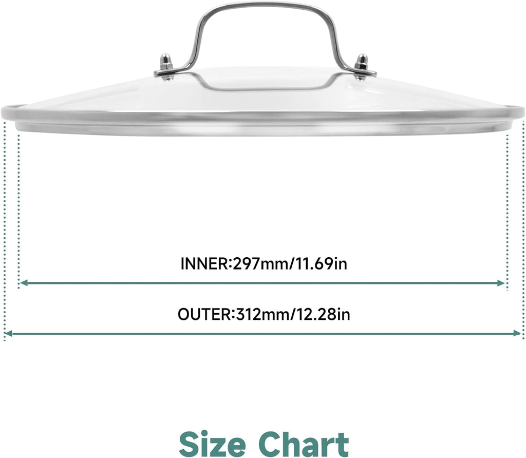 12 IN Glass Lid with Stainless Steel Handle for Frying Pan, Tempered Replacement Cover Compatible for Skillets, Round Cast Iron, Cast Aluminium, Stainless Steel Pans & Pots (297mm-312mm)
