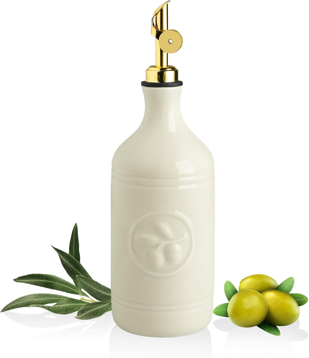 Sweejar 16 Oz Ceramic Olive Oil Dispenser Bottle, Oil Dispenser for Kitchen with Gravity Spout, Relief Opaque Oil Container for Evoo, Avocado Oil, Vinegar, Soy Sauce, 1 Pack(Beige, Gold Spout)