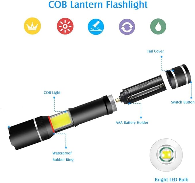 2 Pcs LED Flashlight 5000 Lux COB Lantern+ Flashlight in-1with Zoom LED Flashlight Lantern