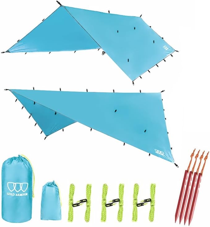 Gold Armour Rainfly Tarp Hammock, Premium 14.7ft/12ft/10ft/8ft Rain Fly Cover, Waterproof Ultralight Camping Shelter Canopy, Survival Equipment Gear Camping Tent Accessories (Sky Blue 10ft x 10ft)