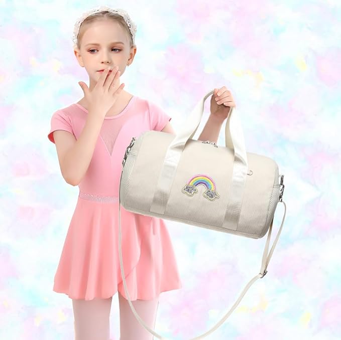 Dance Bag for Girls Dancers Ballet Bag Corduroy Rainbow Sports Duffle Bags for Kids Girls Ballerina Duffle with Shoulder Strap and Waterproof Wet Pocket
