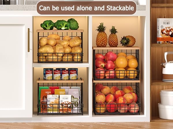 2 Set Stackable Wire Basket with Wooden Tops & Pad for kitchen organizers and storage, XXL Kitchen Counter Organizer for Fruit, Vegetable, Bread, Potato and Onion Storage Bin