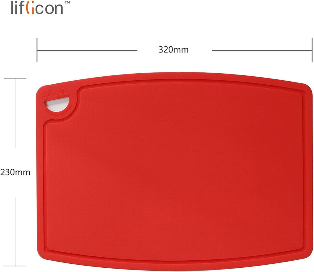 Thick Silicone Cutting Board 12.6'' x 9.1'' Juice Grooves Easy Grip Handle Dishwasher Safe-Red