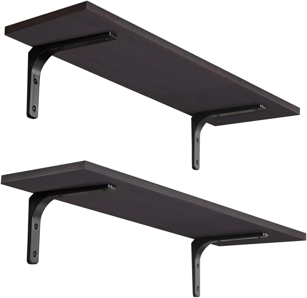 DINZI LVJ Long Wall Shelves, 23.6 Inch Wall Mounted Shelves Set of 2, Easy-to-Install, Wall Storage Ledges with Sturdy Metal Brackets for Living Room, Bathroom, Bedroom, Kitchen, Espresso