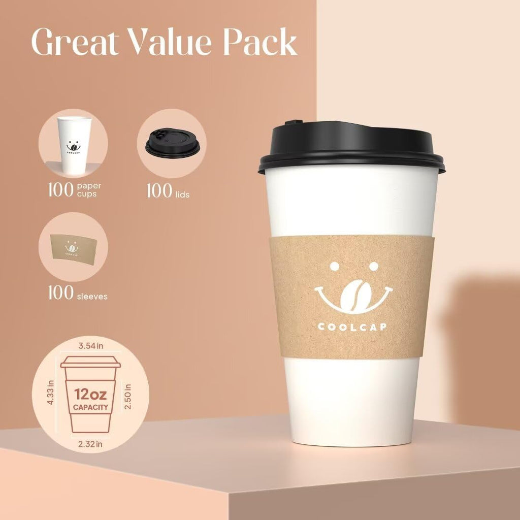 100 Pack 12oz Disposable Coffee Cups with Lids and Sleeves, To Go Paper Cups for Hot & Cold Beverages