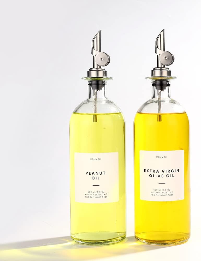Molimoli Oil and Vinegar Dispenser with Metal Pour Spout, Weighted Pourer, Glass Bottle Dispenser for Kitchen, Olive Oil Cruet, Glass Olive Oil Bottle | 500ml, Set of 2