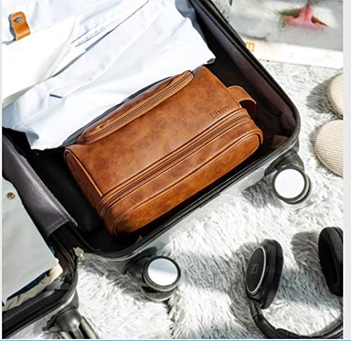 Elviros Toiletry Bag for Mens PU Leather Travel Organizer Kit with Hanging hook, Large Water-resistant Toiletries Bathroom Shaving Bags (Brown)