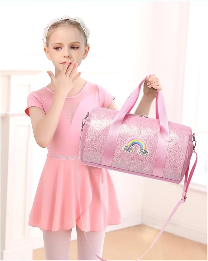 Dance Bag for Girls Ballet Bag Shiny Rainbow Glitter Sports Duffle Bag for Kids Girls Ballerina Duffle with Waterproof Dry Wet Separated Compartment