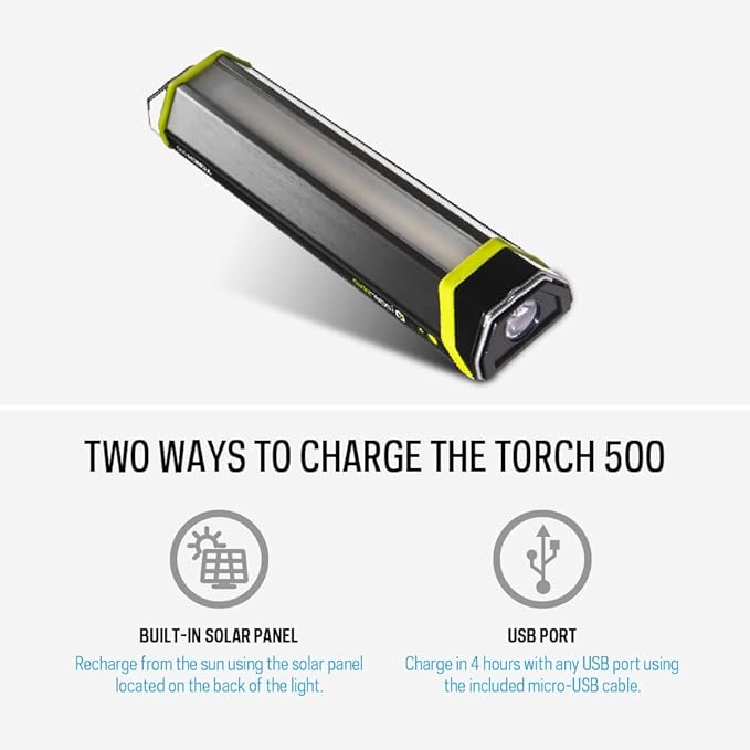 Goal Zero 500 Lumen Torch Light, Multi-Use Weatherproof LED Flashlight and Solar Lantern – Portable Rechargeable Spotlight and Floodlight with Built-In Solar Panel