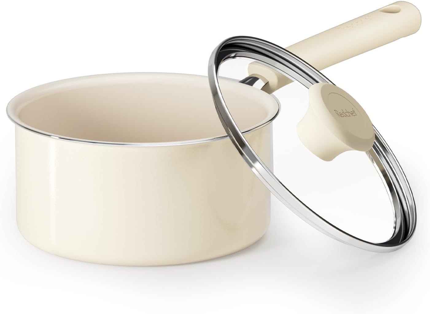 Redchef Ceramic Nonstick Saucepan with Lid, 1.5QT Small Cooking Pot, Non Toxic Sauce Pans for Kitchen, Cool Handle PFAS Free Compatible with All Cooktops, White