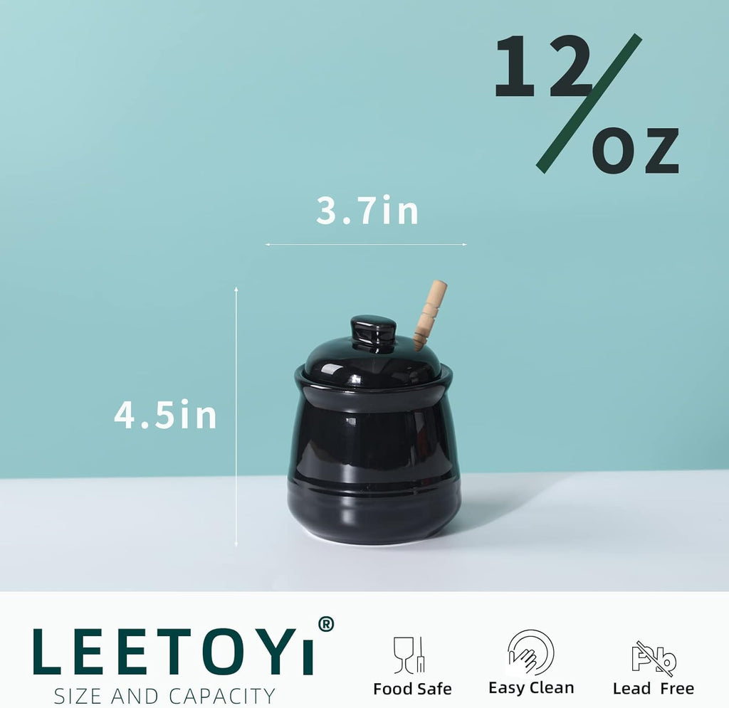 LEETOYI Ceramic Honey Jar with Lid and Dipper,Honey pot for Kitchen,12oz (Black)