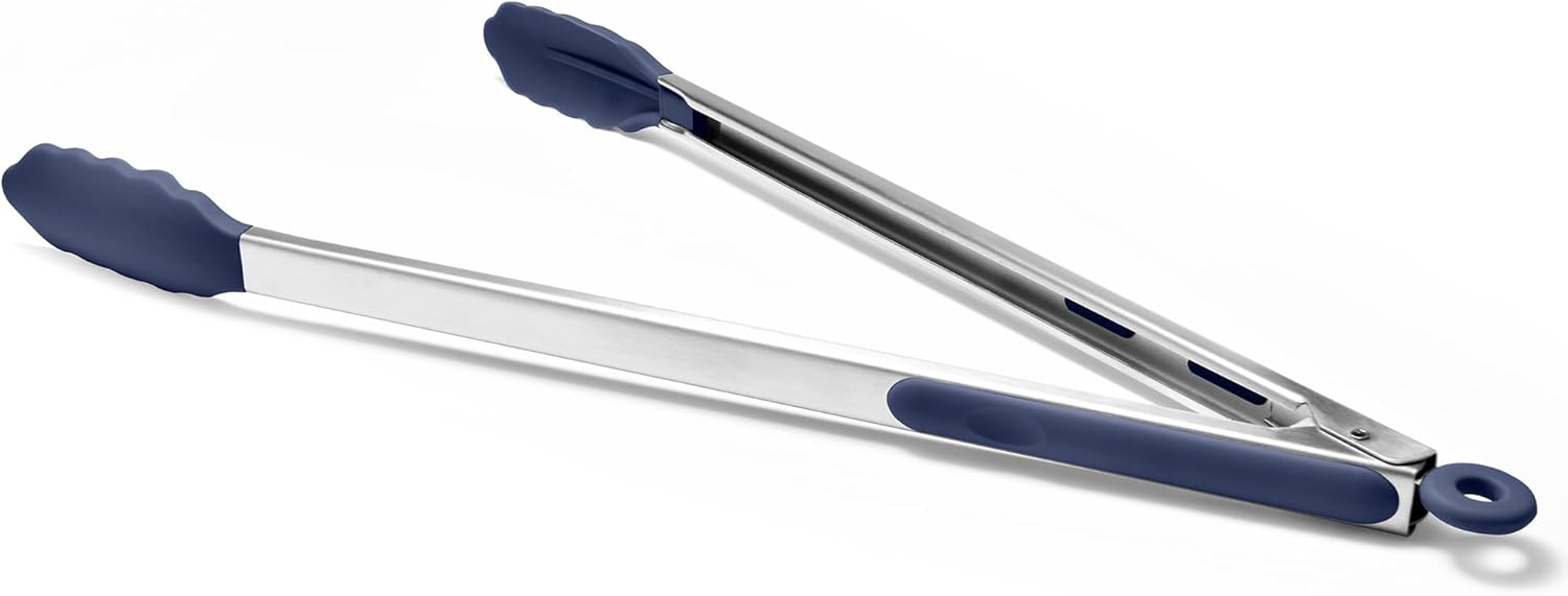 Doosu Kitchen Tong for Cooking: 600°F Heat-Resistant Silicone Food Tong, Stainless Steel Locking Tongs for BBQ (16in, Blue)