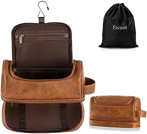 Elviros Toiletry Bag for Mens PU Leather Travel Organizer Kit with Hanging hook, Large Water-resistant Toiletries Bathroom Shaving Bags (Extra Large, Brown)