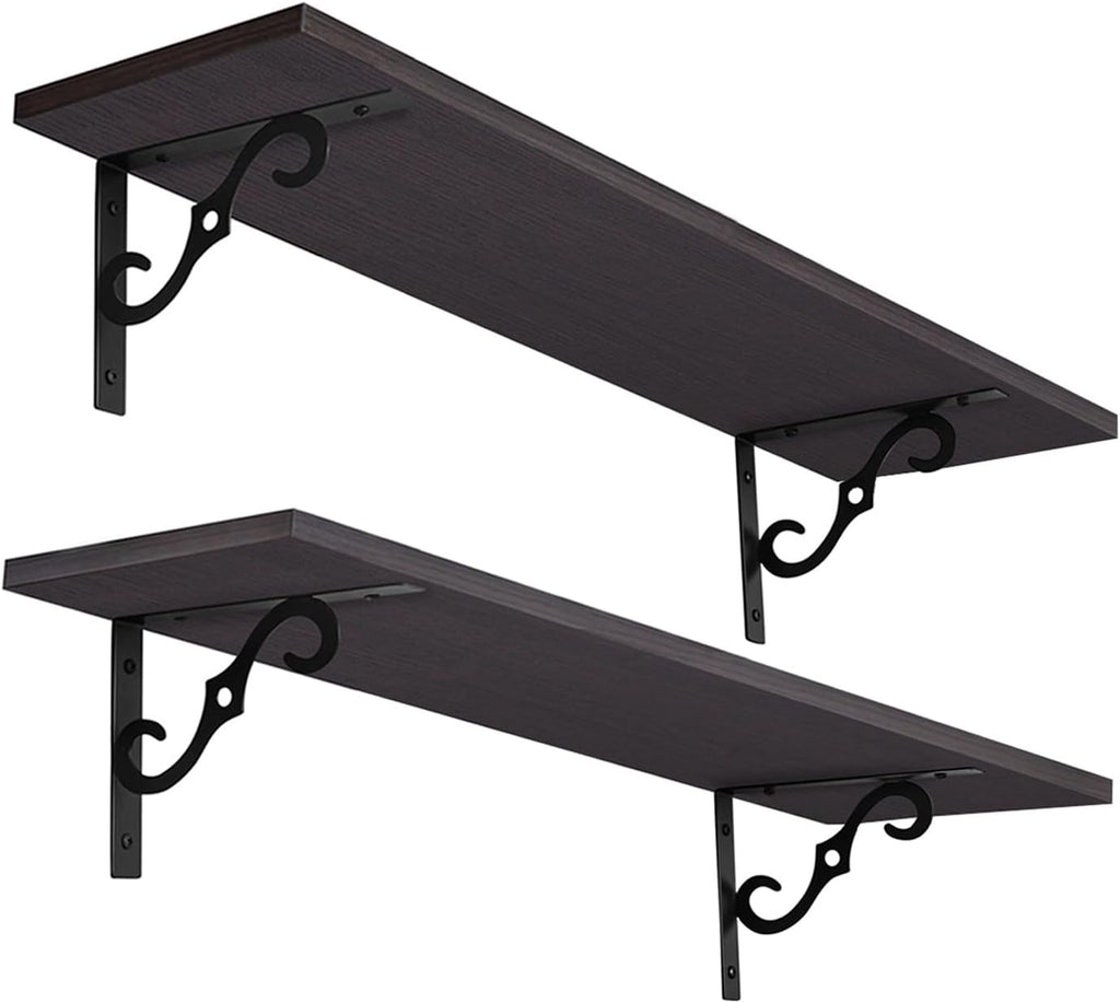 DINZI LVJ Long Wall Shelves, 23.6 Inch Large Floating Shelves Set of 2, Wide Display Shelf Wall Mounted with Brackets, Easy Hanging for Living Room, Toilet, Office, Bedroom, Espresso