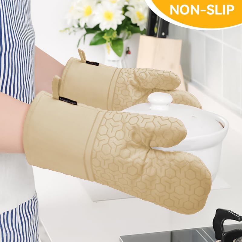 Oven Mitts and Pot Holders Sets 6pcs, Kitchen Oven Glove,High Heat Resistant 550 Degree Extra Long Oven Mitts and Potholders with Non-Slip Silicone Surface for Home Essentials (Grey) (Khaki)