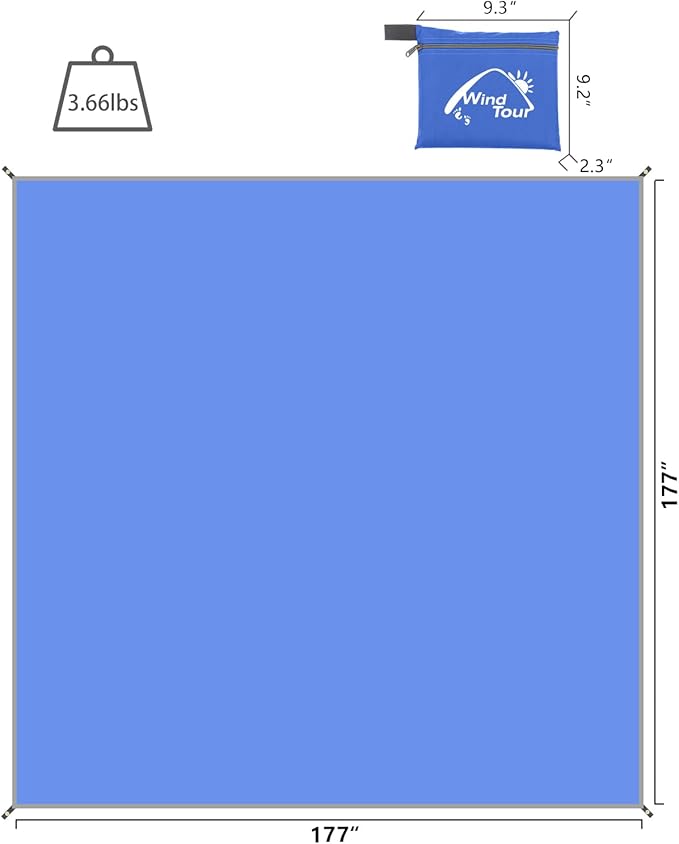 Wind Tour Portable Multifunctional Outdoor Camping Tarp Groundsheet Footprint Lightweight Floor and Ground Tarps for Camping Hiking with Carry Bag (Blue-177" x 177")