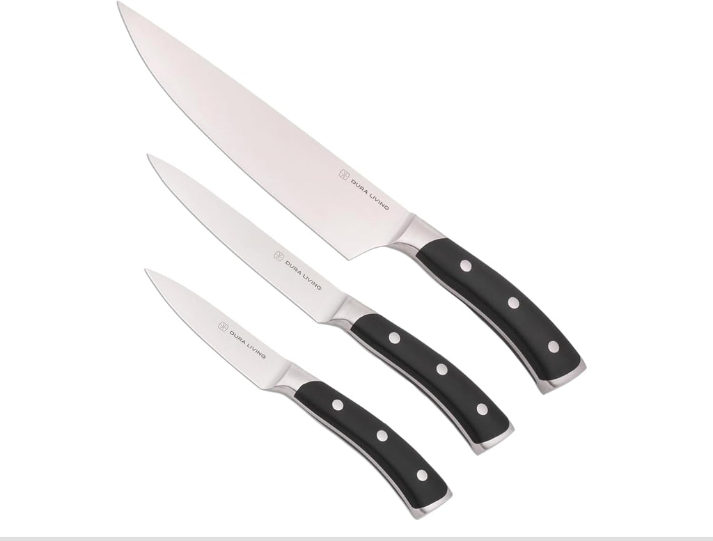 3-Piece Kitchen Knife Set – Ultra-Sharp German Stainless Steel, 8” Chef, 5” Utility, and 3.5” Paring Knives with Ergonomic Handles, Multipurpose Kitchen Knife Set, Black