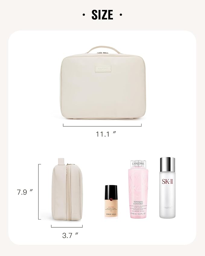 EACHY Toiletry Bag with Hanging Hook, Travel Makeup Bag PU Leather Cosmetic Bags for Women Make Up Organizer with 4 Compartments Waterproof Full-Size Portable Travel Essentials (Beige)