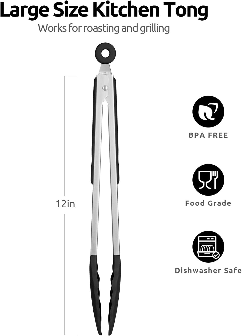 Heat Resistant Silicone Kitchen Tong: U-Taste 12 inch Large 480ºF Hot Proof Cooking Tong with Sturdy Non Stick Rubber Tips & Silicon Coated Steel Handle & Smooth Locking for Serving Grill Salad(Black)