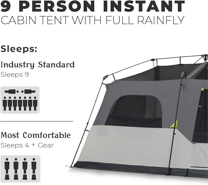 CORE Instant Cabin Tents | 6 Person / 9 Person / 10 Person / 12 Person Family Cabin Multi Room Pop Up Tents Car Camping | Included Storage Pockets for Camping Accessories
