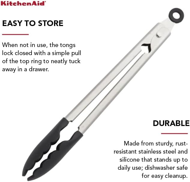KitchenAid Silicone Tipped Stainless Steel Tongs, 12 Inch, Black