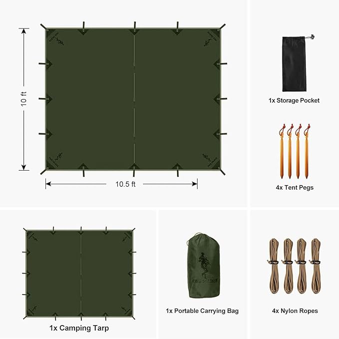 FREE SOLDIER Camping Tarp Waterproof Portable Tarp Multifunctional Outdoor Camping Traveling Awning Backpacking Tarp Shelter Rain Tarp (Dark Green 10×10.5ft)
