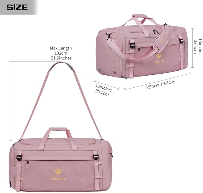 Eackrola Large Sports Gym Bag, Travel Duffel bag with Wet Pocket & Shoes Compartment for men women, 65L, Lightweight（Pink）