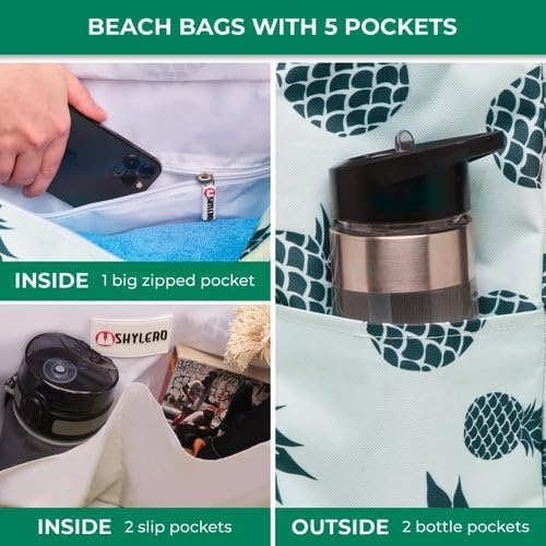 SHYLERO Beach Bag and Pool Bag. Has Airtight Pouch, Ton of Pockets. Beach Tote is Zippered, Water Resistant. Family Size