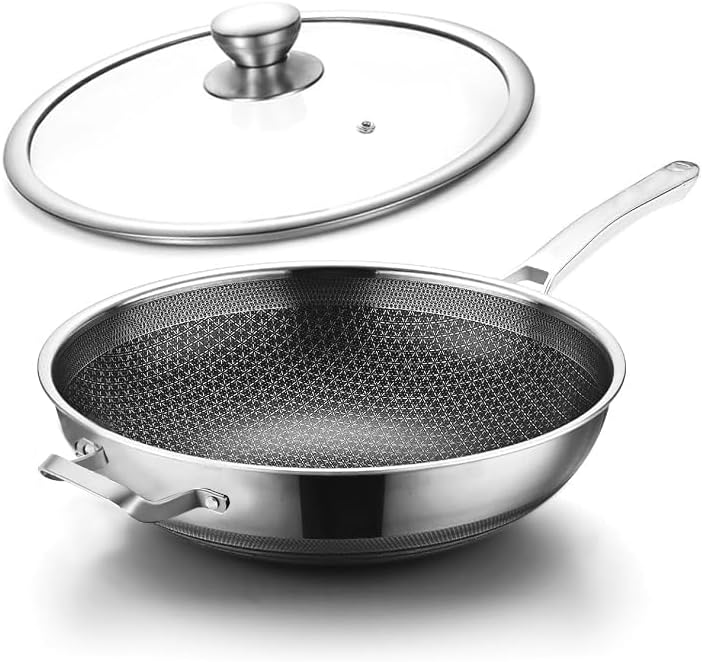 Wok Pan,Hybrid Nonstick 12 Inch Wok with Lid,Induction Non Stick Stainless Steel Large Deep Woks&Stir-Fry Pans,Frying Pan,Stay-Cool Handle Skillets,PFOA Free,12 Inch Wok