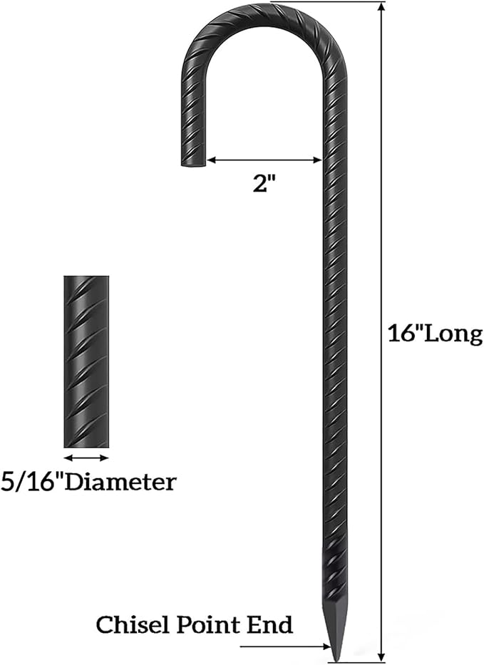 VVOKGO Rebar Stakes 8 Pack 16 Inches Black Steel J Hook Ground Stakes for Fixing Camping Tents, Fences, Swings, Football Nets, Inflatable Decorations