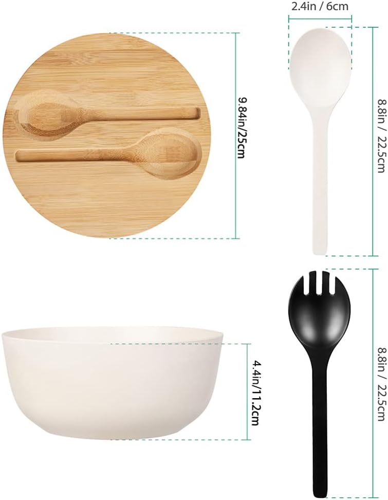 10” Bamboo Fiber Large Salad Serving Bowl Set with Wooden Lid & Servers, 3.5Qt Big Bowl with Utensils for Mixing Salad,Fruit,Pasta,Lightweight & Dishwasher Safe, Ideal Gift for Home - Matte White
