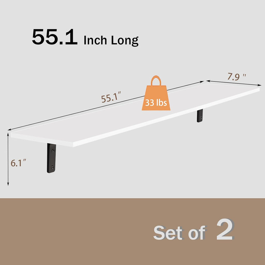 DINZI LVJ Long Wall Shelves, 55.1Inch Wall Mounted Shelves Set of 2, Extra Large Floating Storage Ledges with Sturdy Metal Brackets for Living Room, Bathroom, Bedroom, Kitchen, White
