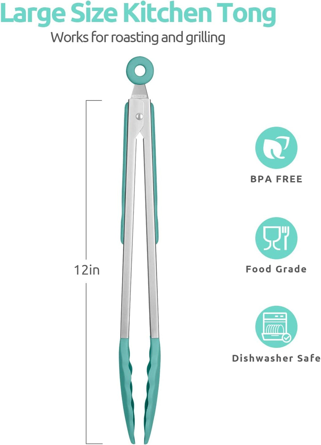 Heat Resistant Silicone Kitchen Tong: U-Taste 12 inch Large 480ºF Hot Proof Cooking Tong with Sturdy Non Stick Rubber Tips & Silicon Coated Steel Handle & Smooth Locking for Serving Salad (Aqua Sky)