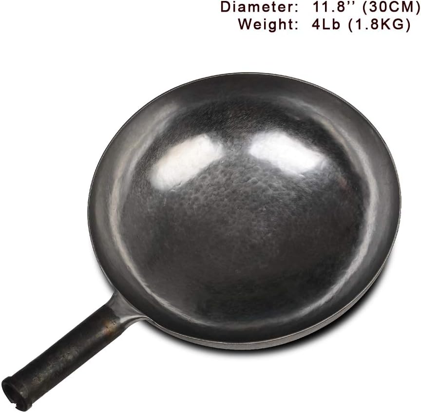 臻三环 ZhenSanHuan Chinese Hand Hammered Iron Woks and Stir Fry Pans, Non-stick, No Coating, Carbon Steel Pow (30CM, Silver-Not Seasoned)