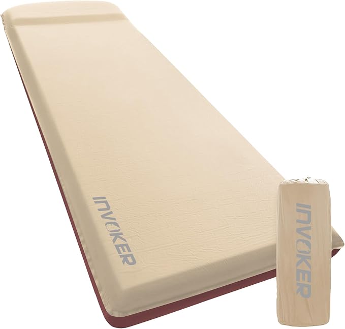 INVOKER 3.15" Self-Inflating Camping Sleeping Pad, Ultra-Thick Foam Fast Inflating Camping Mat Air Mattress with Pillow, 4-Season Insulated for Tent, Car, Camping, Travel, Khaki with Pink-Orange
