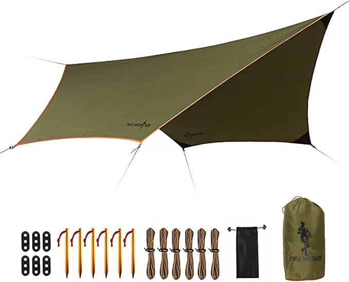 FREE SOLDIER Waterproof Portable Tarp Multifunctional Outdoor Camping Traveling Awning Backpacking Tarp Shelter Rain Tarp (Greenish Brown 6 Loop 10×12ft)