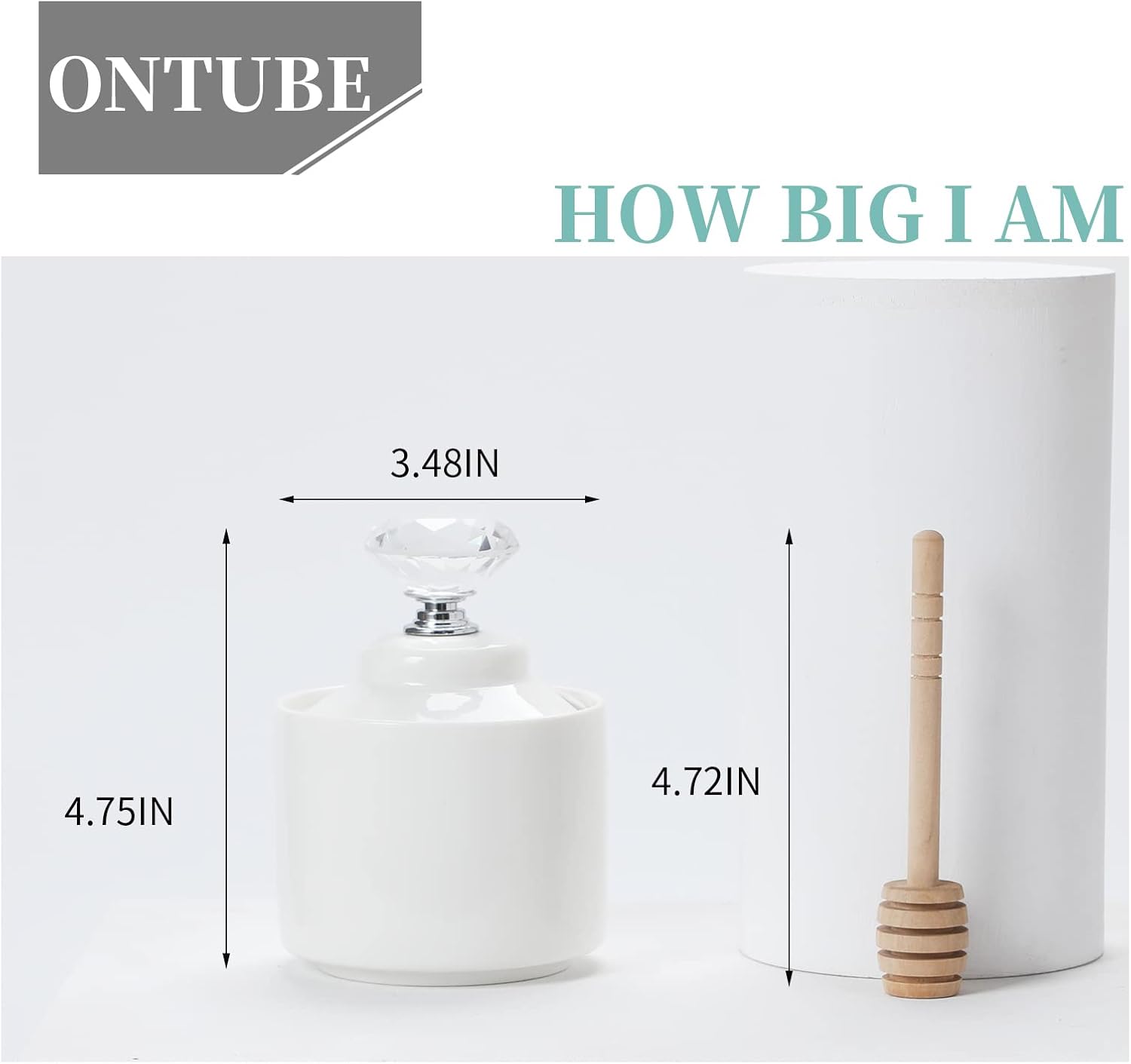 Ceramic Honey Jar with Dipper and Crystal Lid, Small Honey Pot for Home Kitchen, 8oz (Silver)