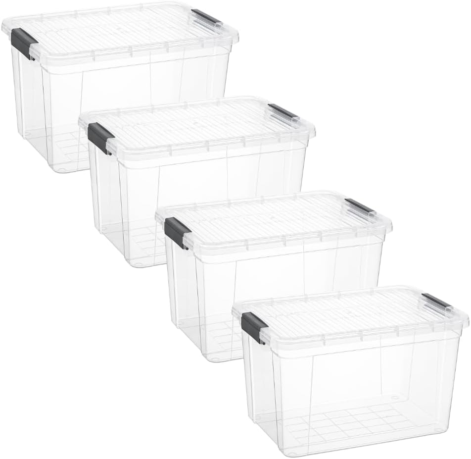 Superio Storage Bins with Lids, Clear Plastic Containers for Organizing, Stackable Totes, BPA Free, Odor Free, Organizer Boxes for Home, and Dorm (4 Pack, 14.25 Qt)