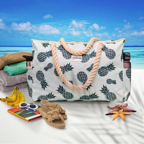 SHYLERO Beach Bag and Pool Bag. Has Airtight Pouch, Ton of Pockets. Beach Tote is Zippered, Water Resistant. Family Size