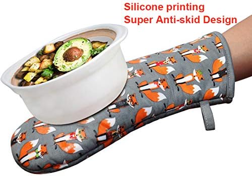 Oven Mitts Gloves 1 Pair Heat Resistant 480 ℉ Non Slip Clear Silicone Printed Fox Comfortable Cotton Lining Kitchen Women Men Cooking Baking Barbecue Machine Washable (Fox, Gray Mittens)