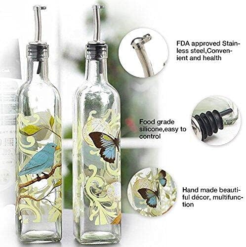 DUSVALLY Olive Oil Bottle Dispenser, Oil and Vinegar Bottles Set, Hand Painted Glass Dispenser Oil Bottle with Leak Proof Pourer Spout for Kitchen Cooking or Salad Dressing, 17 oz, 2 Pack