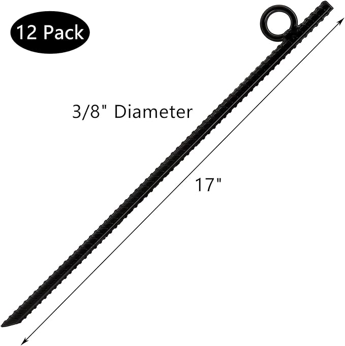 ZOOFOX 12 Pack 17 Inch Black Ground Anchor, Heavy Duty Steel Rebar Stakes with Loop, Reusable Tent Stakes for Outdoor Camping